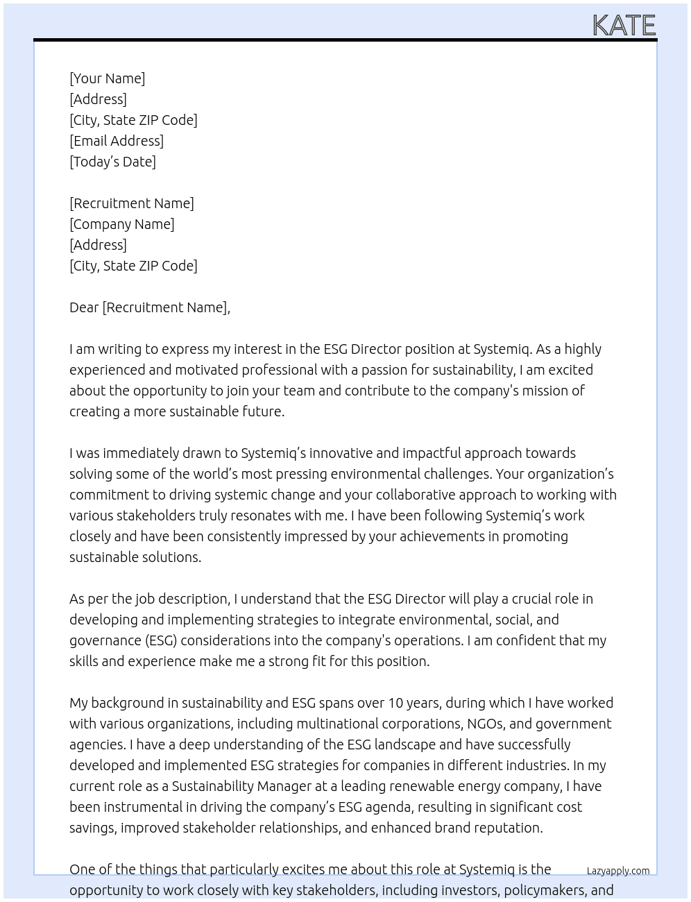 ESG Director At Systemiq Cover Letter