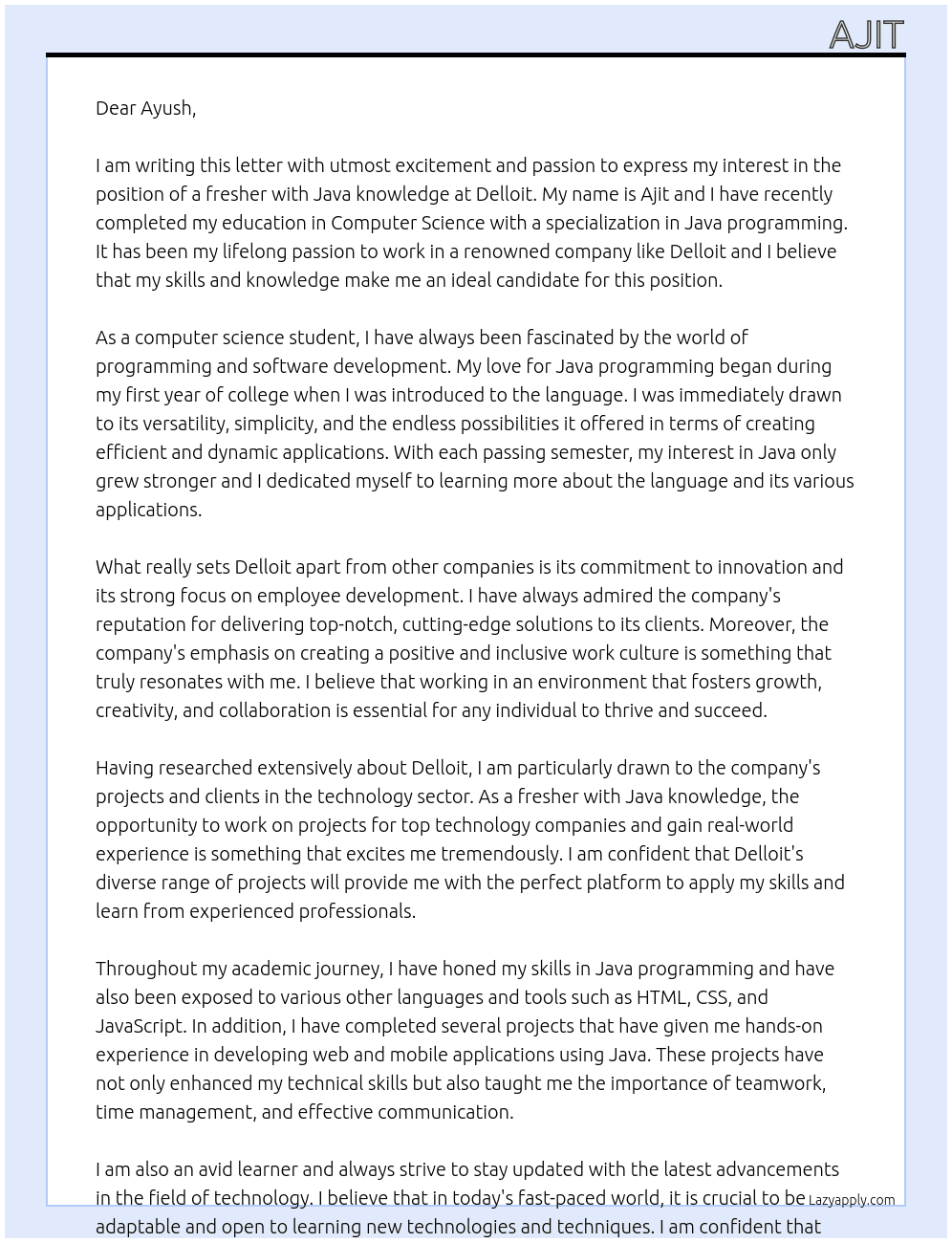 Fresher with Java knowledge” At Delloit Cover Letter