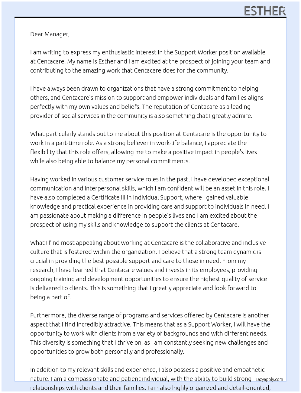 Support worker  At Centacare Cover Letter
