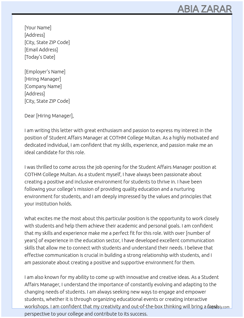student affairs manager  At COTHM college Multan Cover Letter