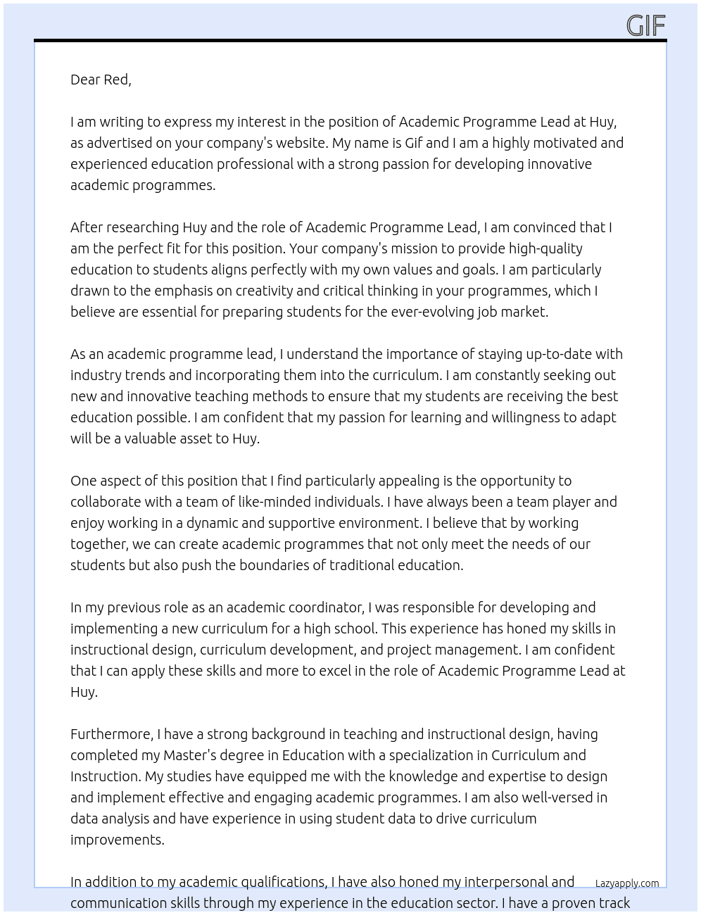 academin programme lead At Huy Cover Letter