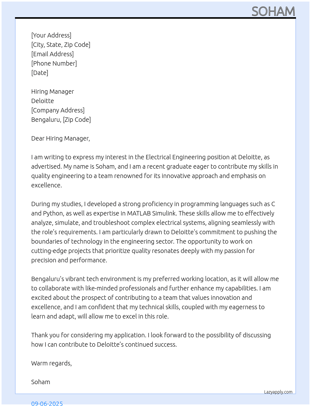 Electrical Engineering At Deloitte Cover Letter