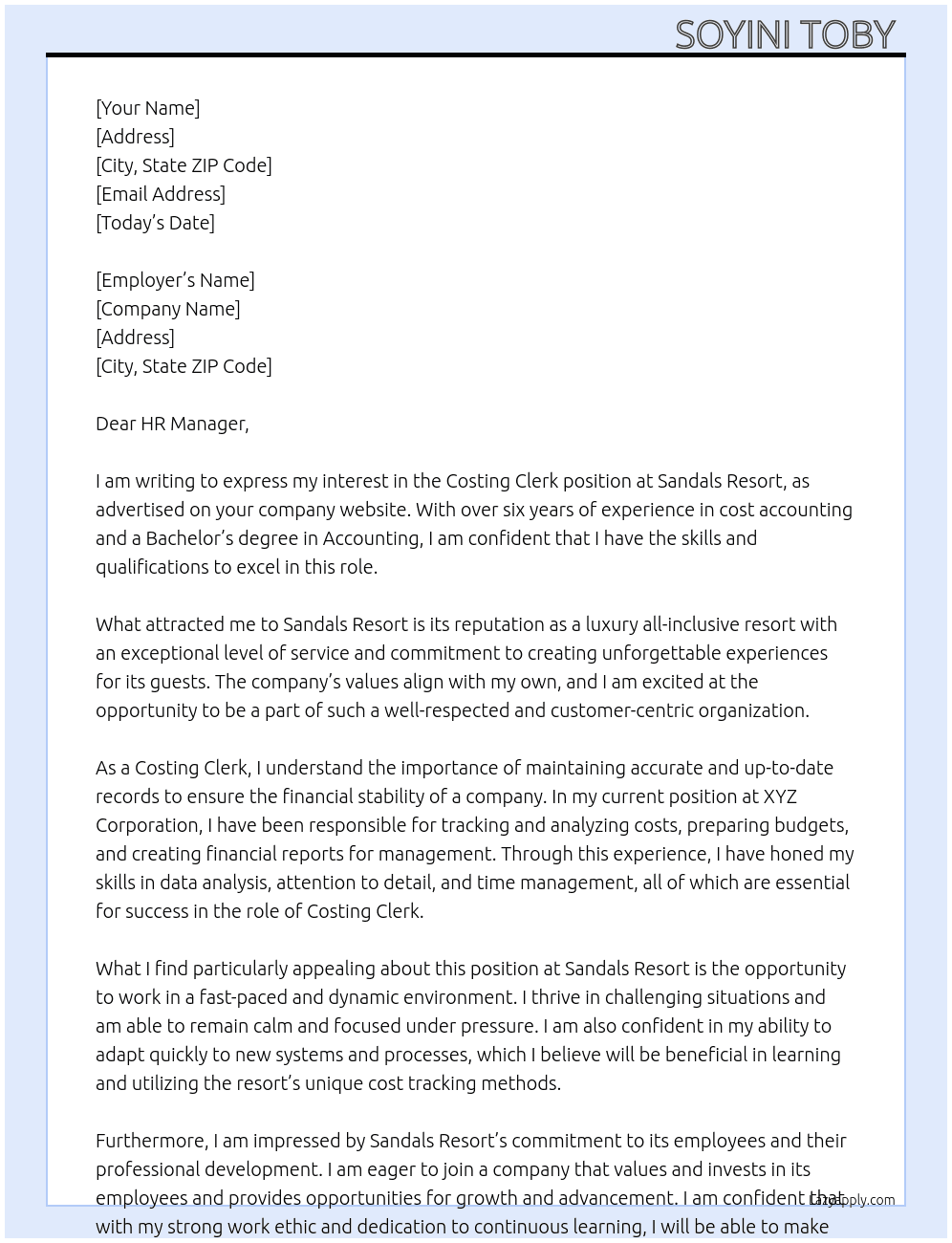 Costing clerk  At Sandals Resort  Cover Letter