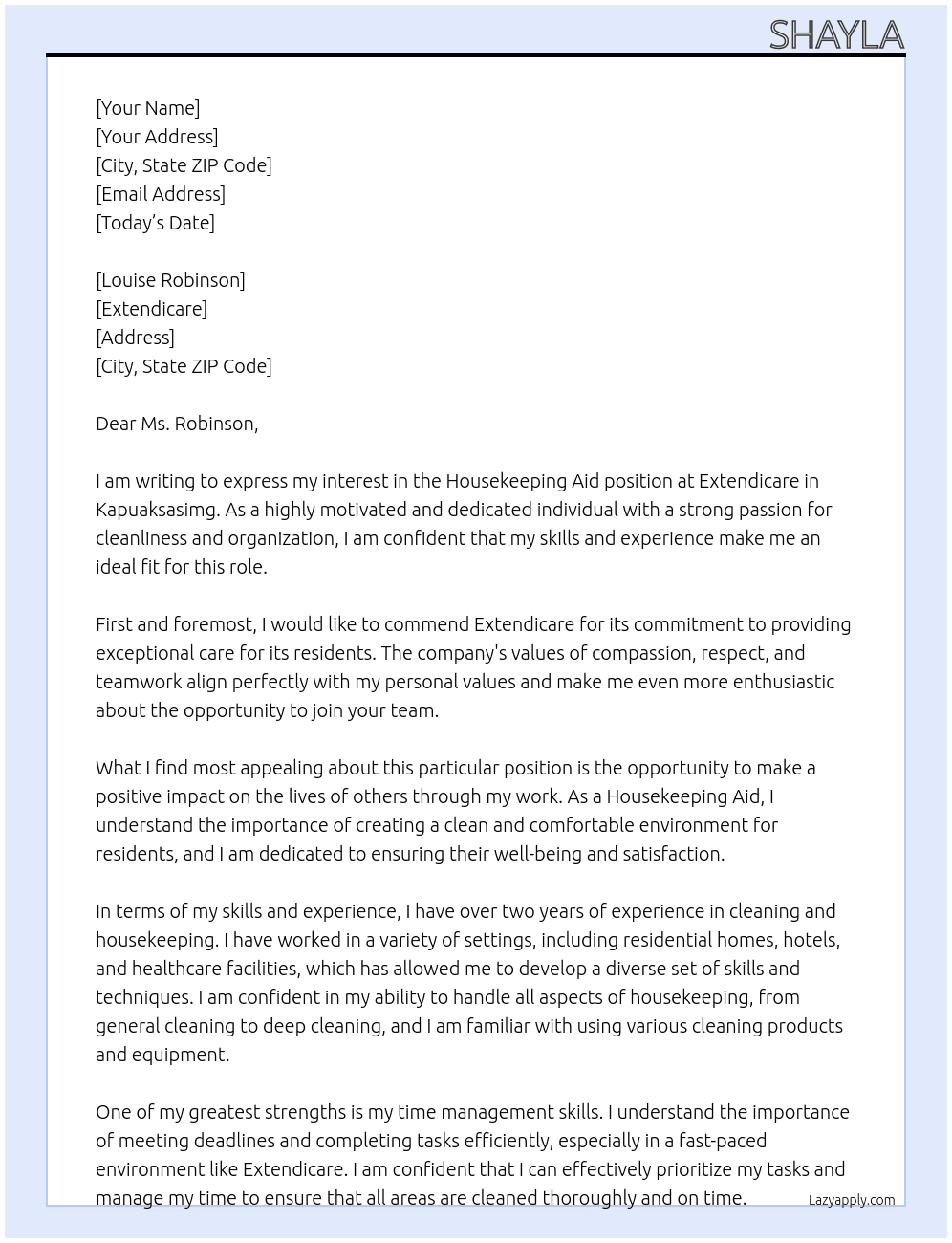 Housekeeping aid At Extendicare Cover Letter