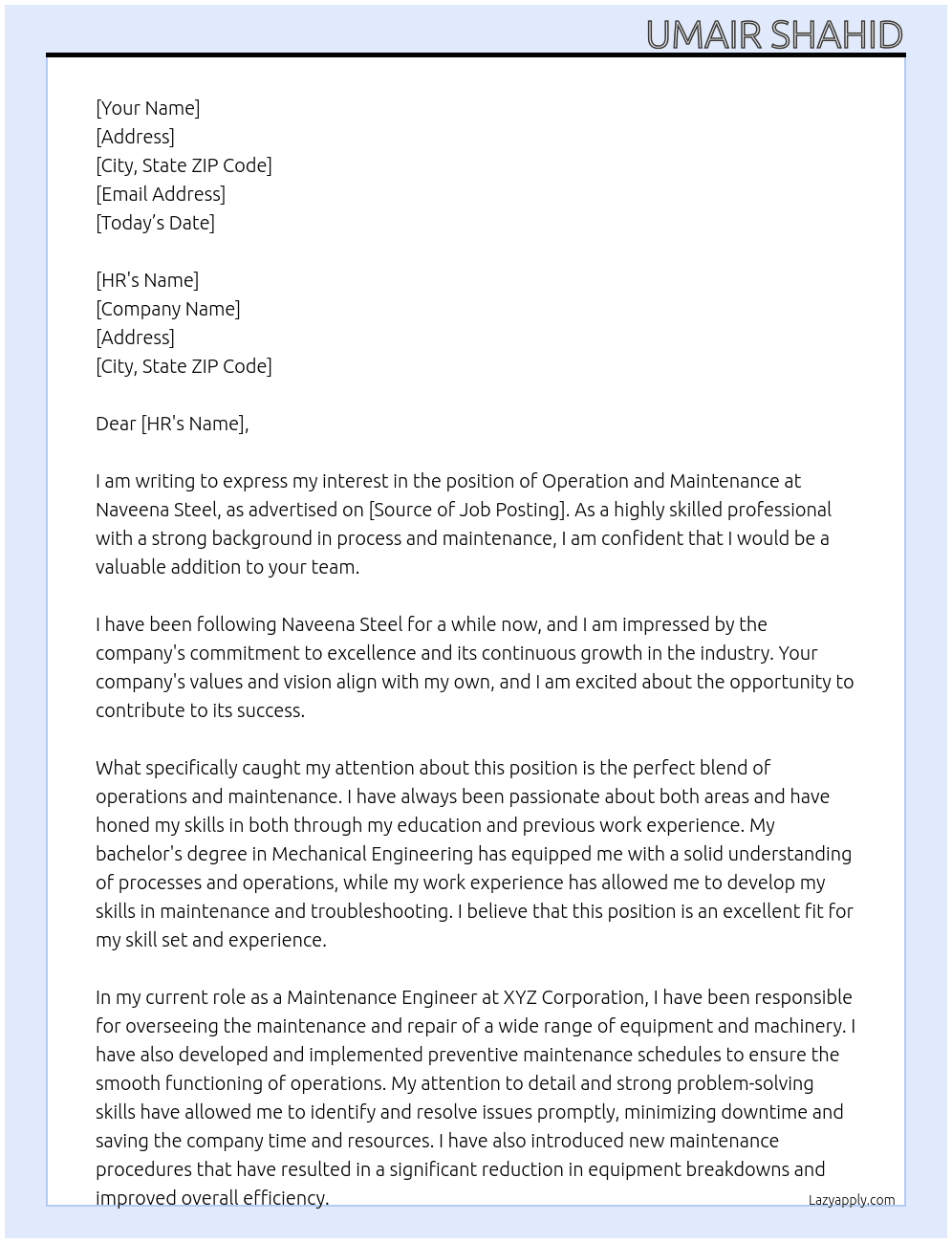 operation and maintenance At naveena steel Cover Letter