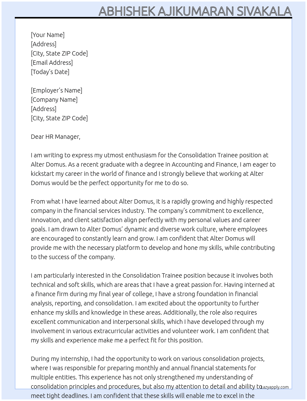 Consolidation Trainee At Alter Domus Cover Letter