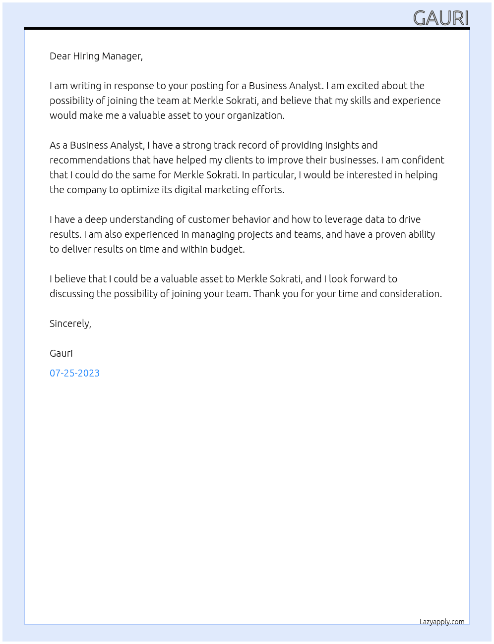 Buisness Analyst  At Merkle Sokrati Cover Letter