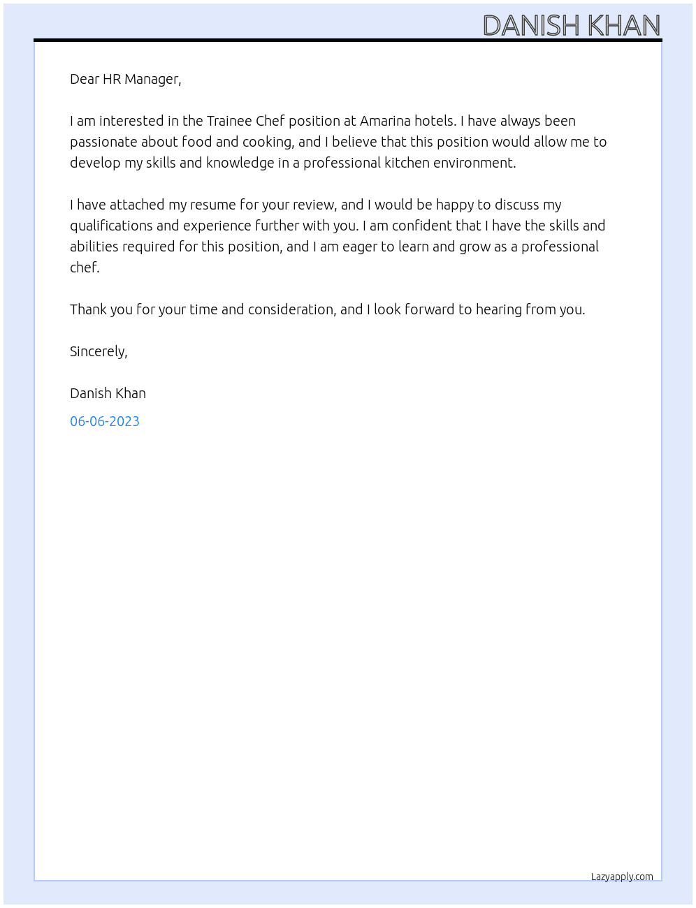 Trainee Chef  At Amarina hotels Cover Letter