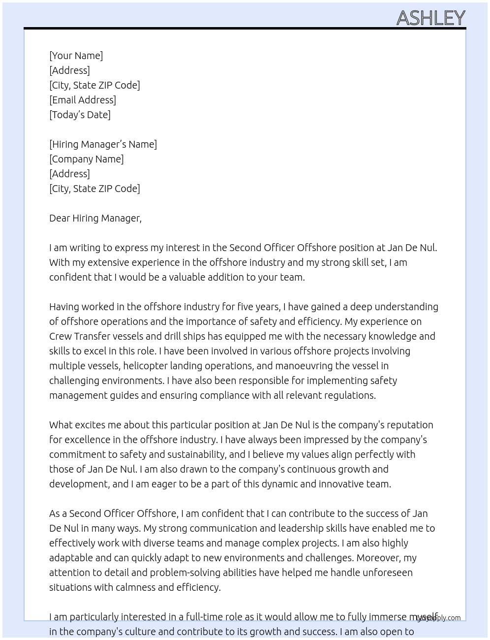 Second Officer Offshore  At Jan De Nul Cover Letter
