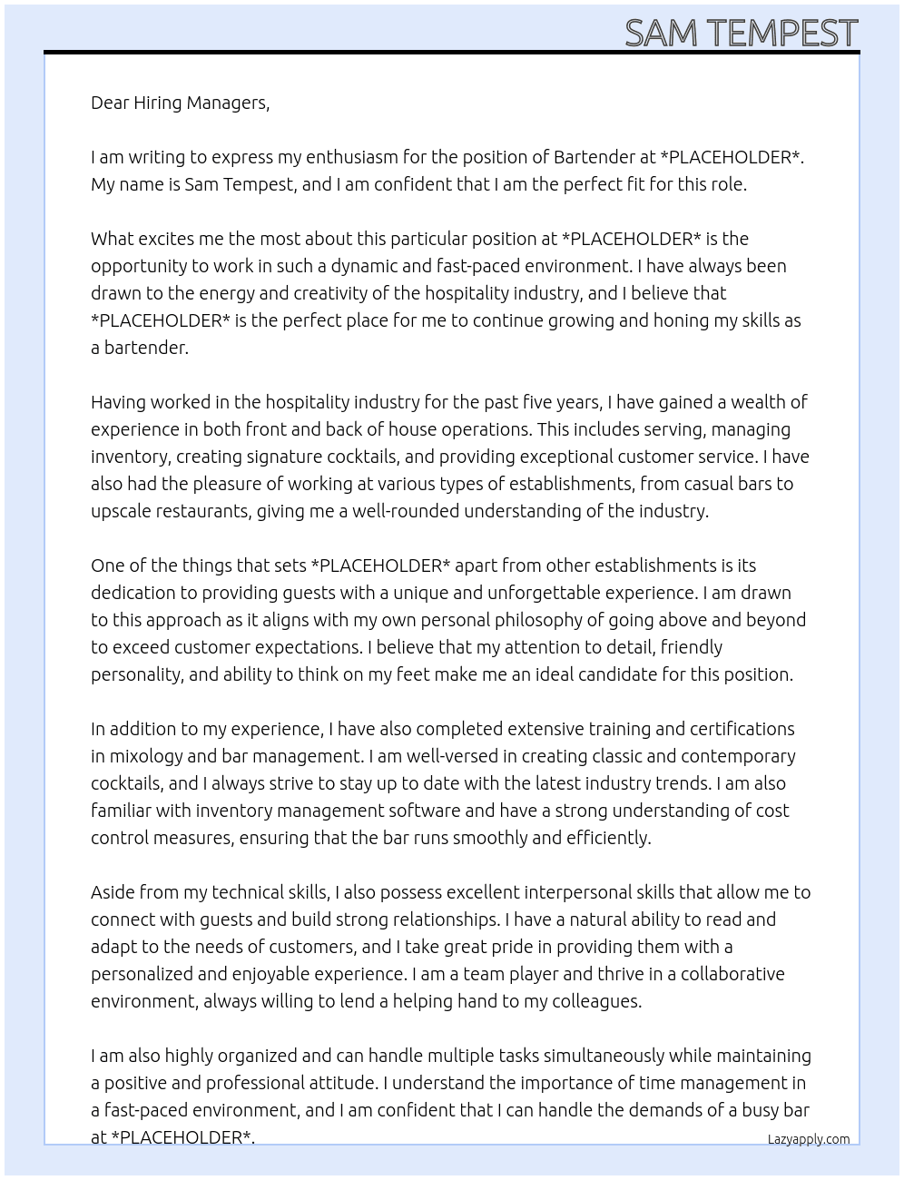 Bartender At *PLACEHOLDER* Cover Letter