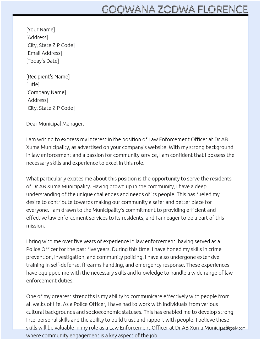 Law Enforcement Officer At Dr AB Xuma Municipality  Cover Letter