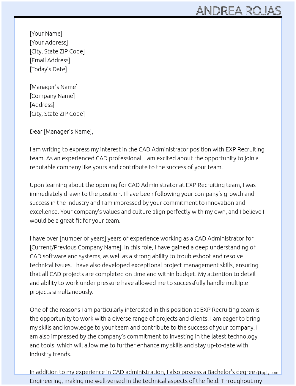 CAD Administrator At EXP Recruiting team Cover Letter