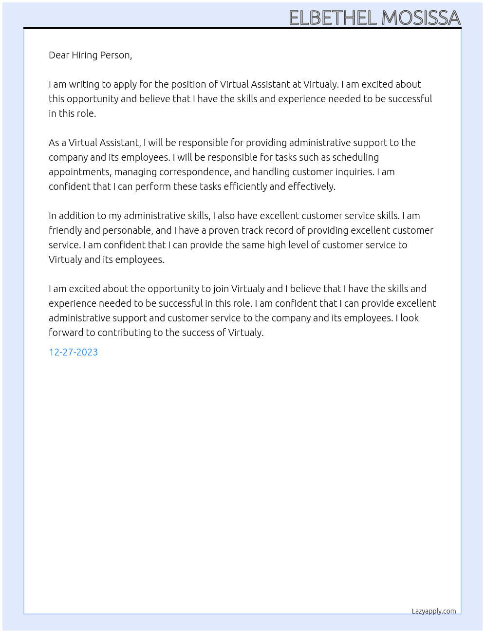 Virtual Assistant At Virtualy hiring person  Cover Letter