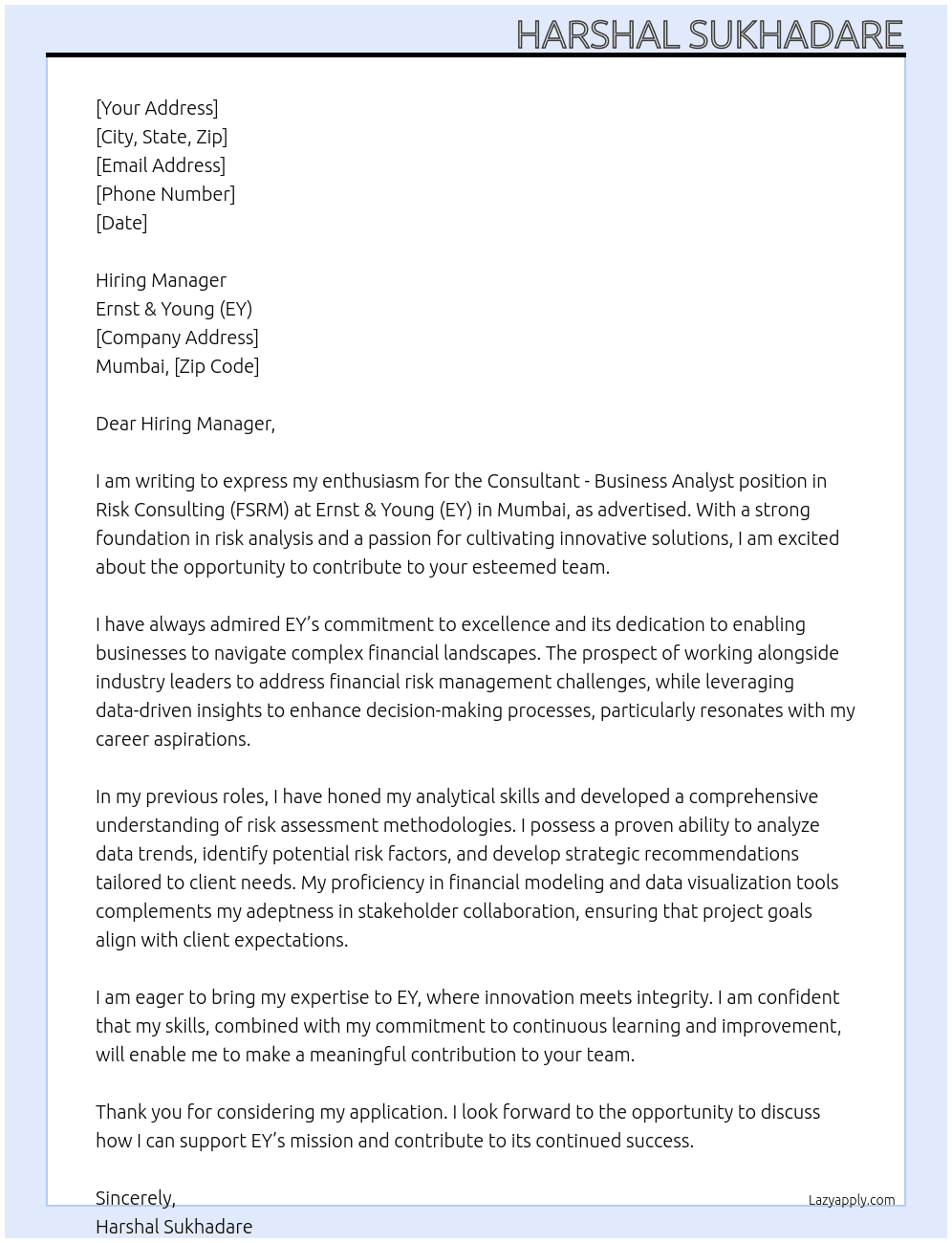 Consultant - Business Analyst- Risk Consulting - FSRM - Mumbai At Ernst & Young (EY) Cover Letter