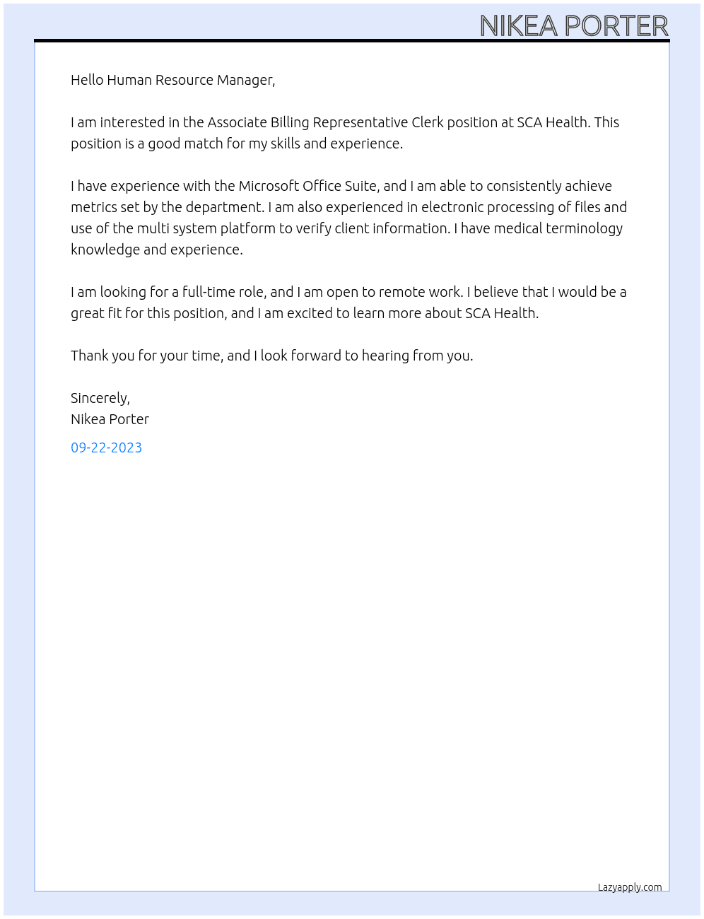 Associate Billing Representative Clerk At SCA Health Cover Letter