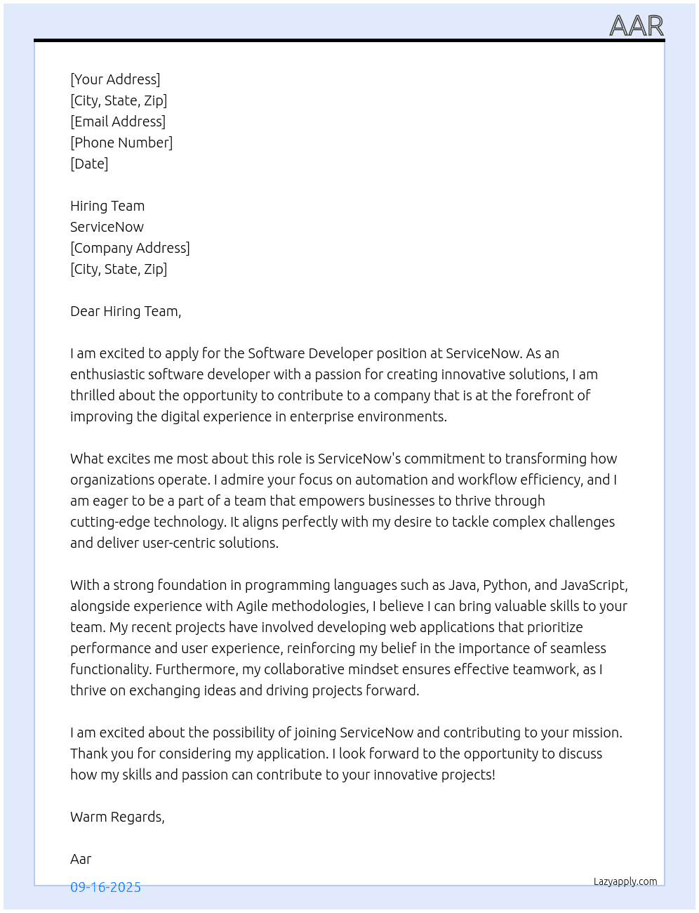 software developer At service now Cover Letter