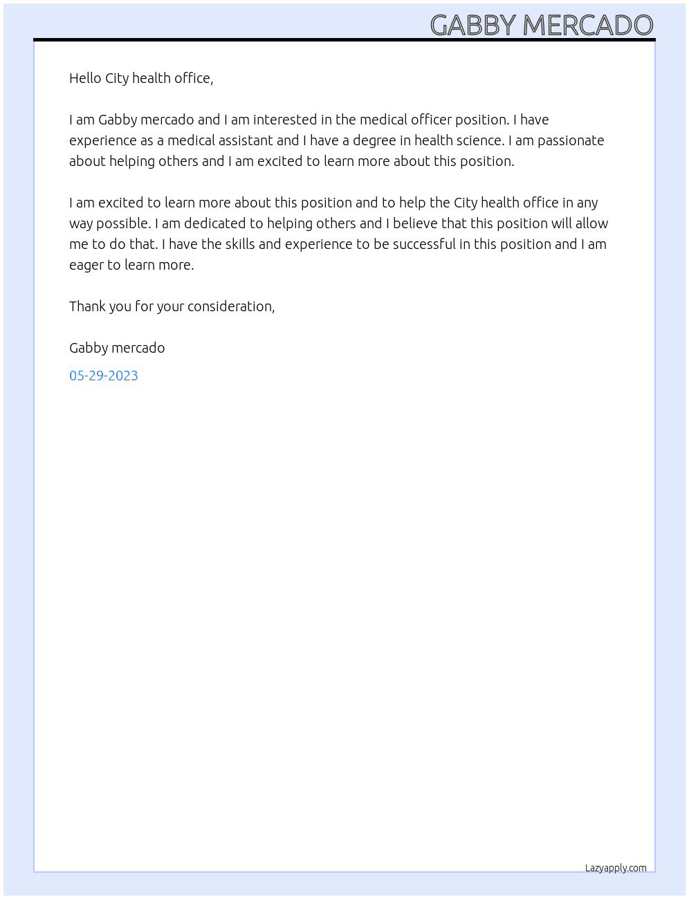 Medical officer At City health office Cover Letter
