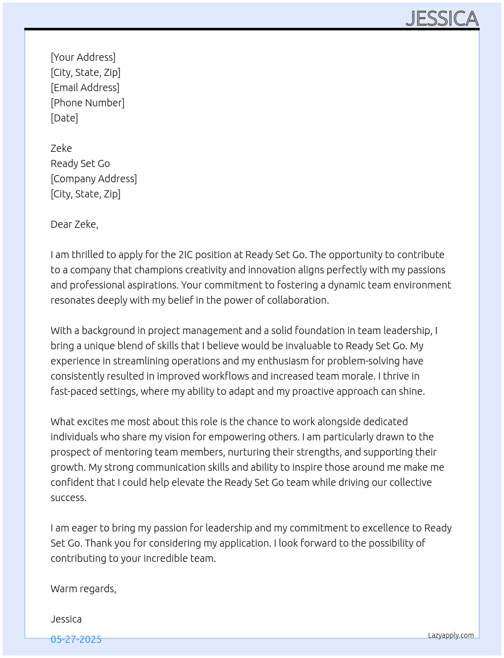2IC At Ready Set Go Cover Letter