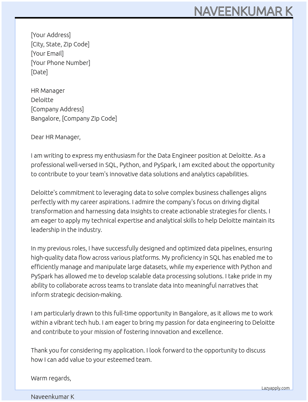 Data Engineer At Deloitte  Cover Letter