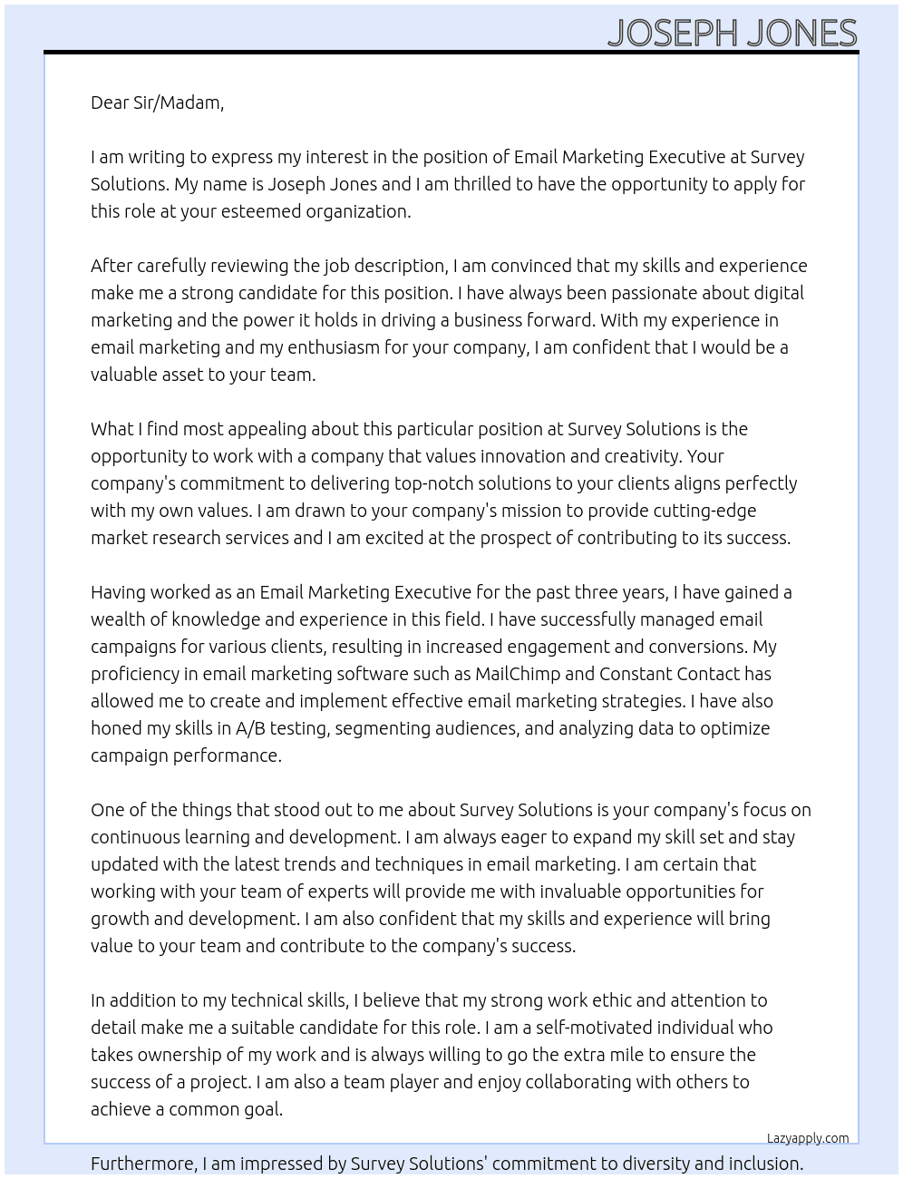 Email Marketing Executive At Survey Solutions Cover Letter