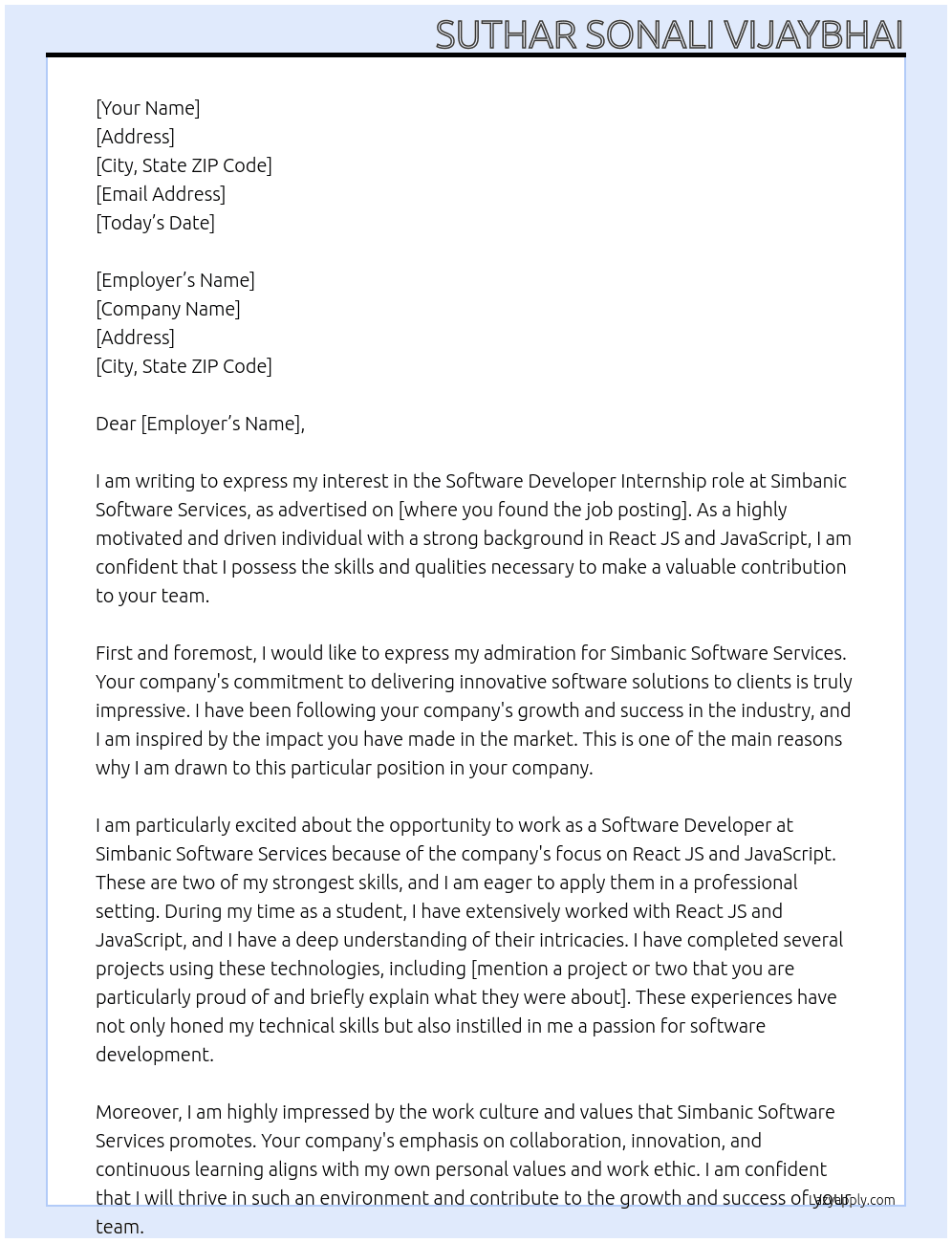 Software developer At Simbanic software services Cover Letter