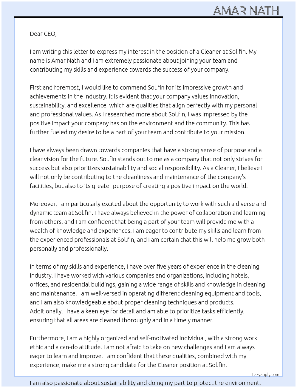 Cleaner  At Sol.fin Cover Letter