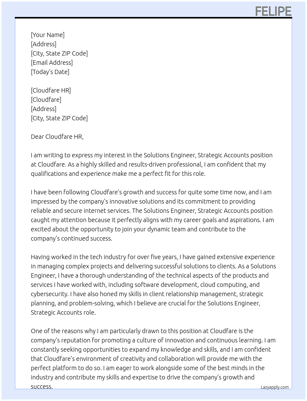 Solutions Engineer, Strategic Accounts At Cloudfare Cover Letter
