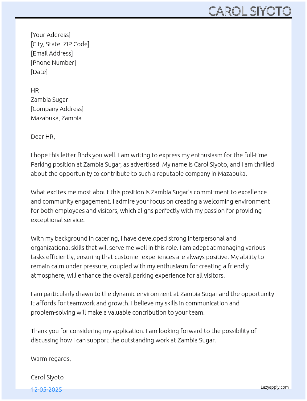 Parking  At Zambia sugar  Cover Letter
