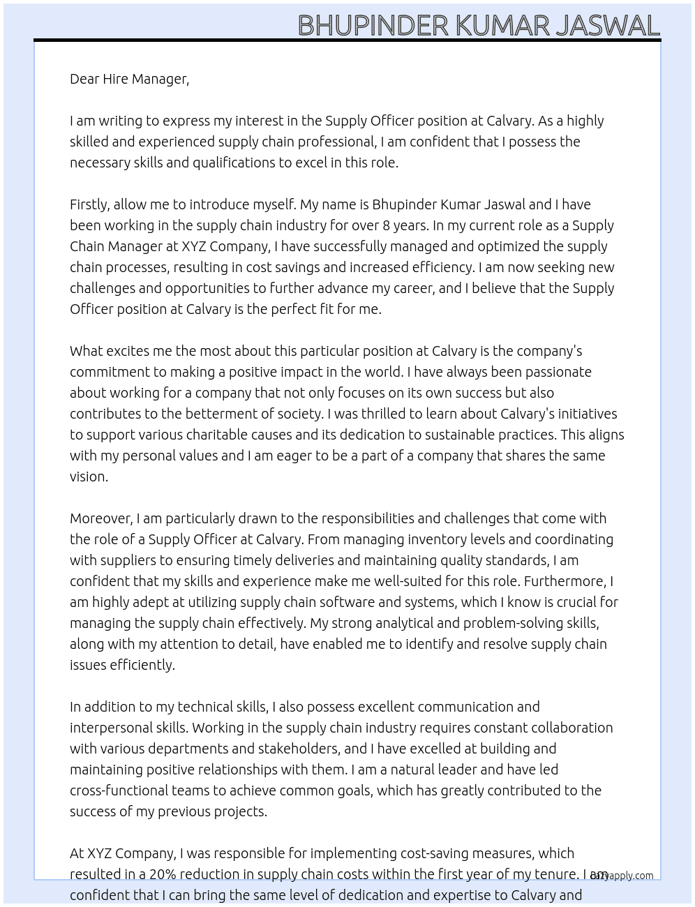 supply officer At Calvary Cover Letter