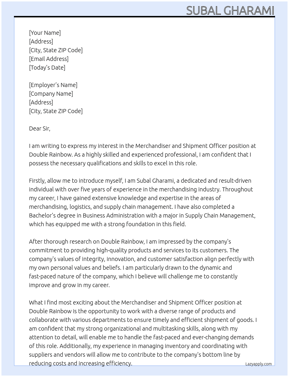 Merchandiser and Shipment Officer At Double rainbow Cover Letter