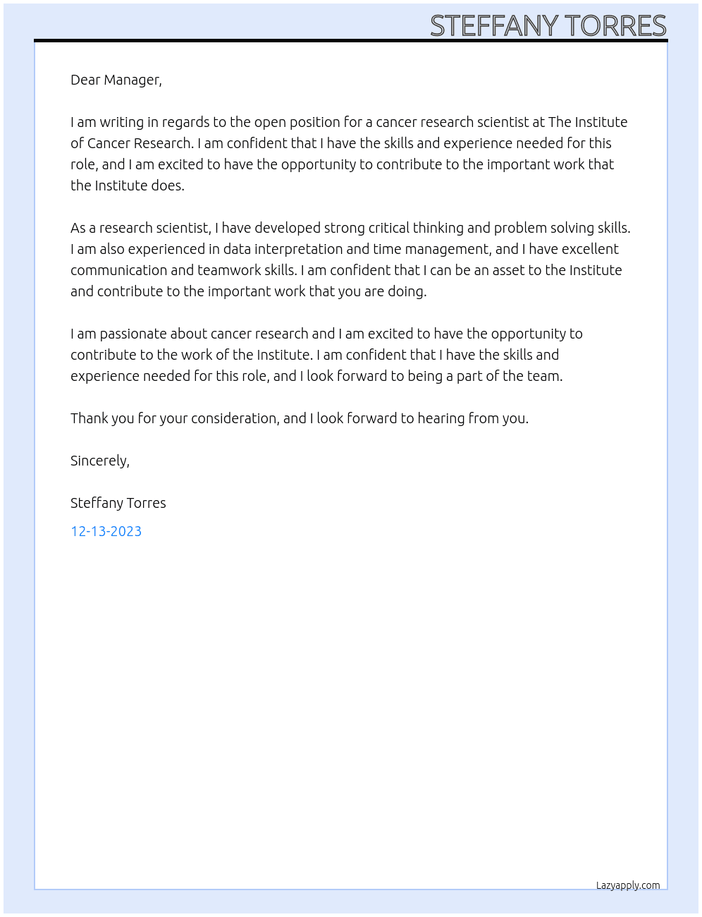 Cancer research scientist  At The Institute of Cancer Research Cover Letter