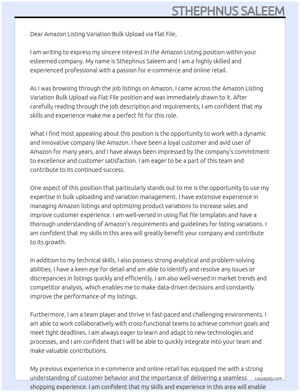 amazon listing At Amazon Listing Variation Bulk Upload via Flat File Cover Letter