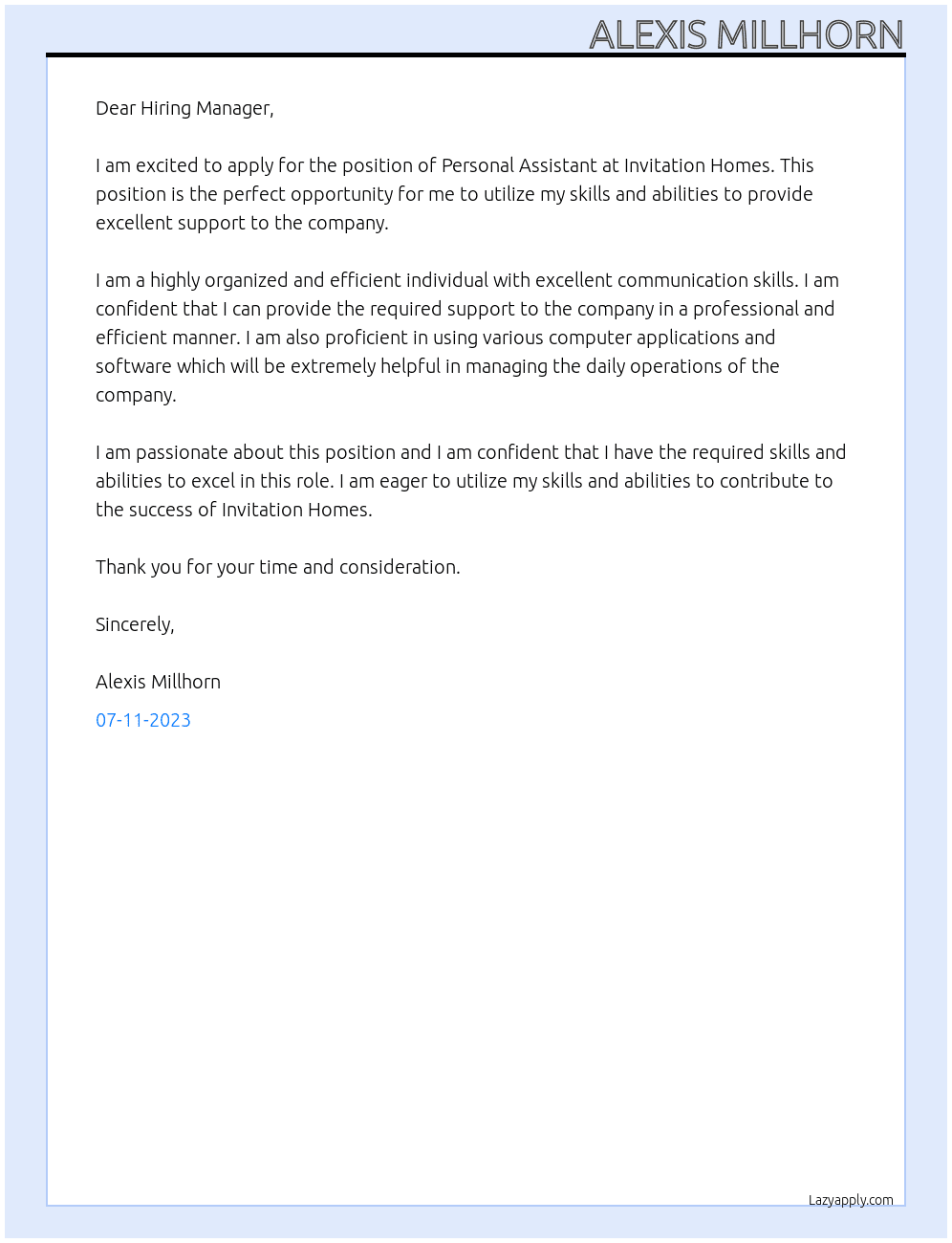 Personal Assistant At Invitation Homes Cover Letter