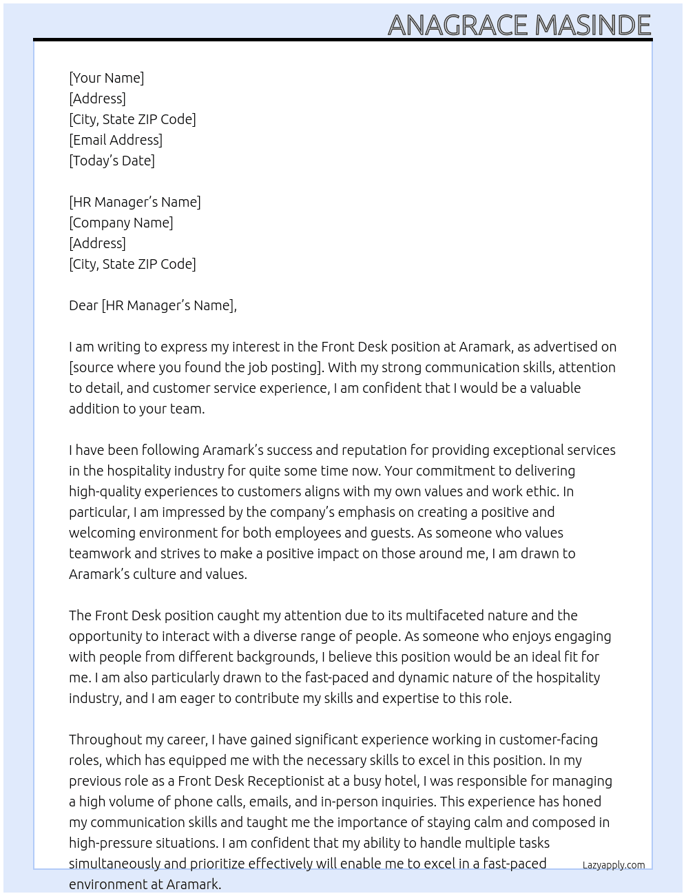Front desk At Aramark Cover Letter