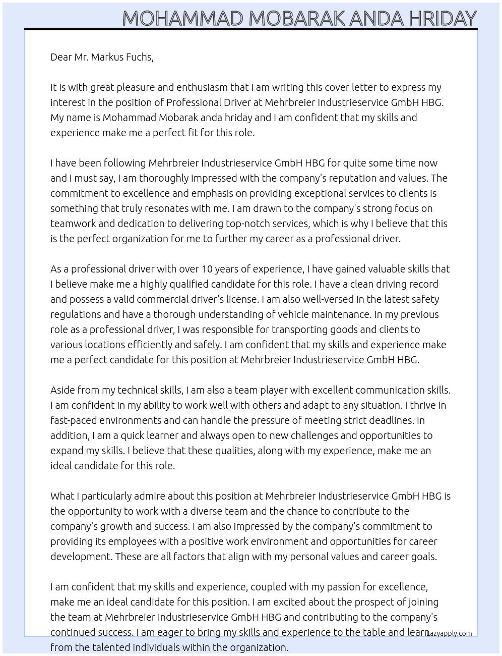 Professional driver At Mehrbreier Industrieservice GmbH HBG Cover Letter