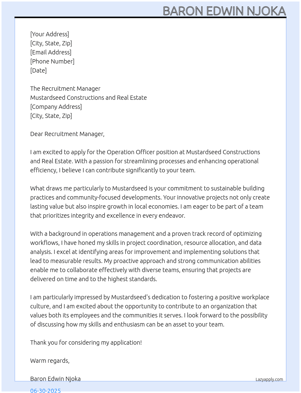 Cover letter for operation officer - LazyApply