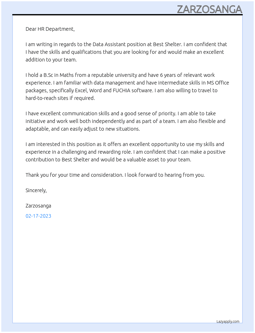 Data assistant  At Best Shelter  Cover Letter