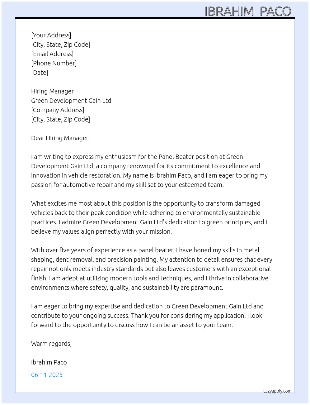 Panel beater  At Green development gain Ltd  Cover Letter