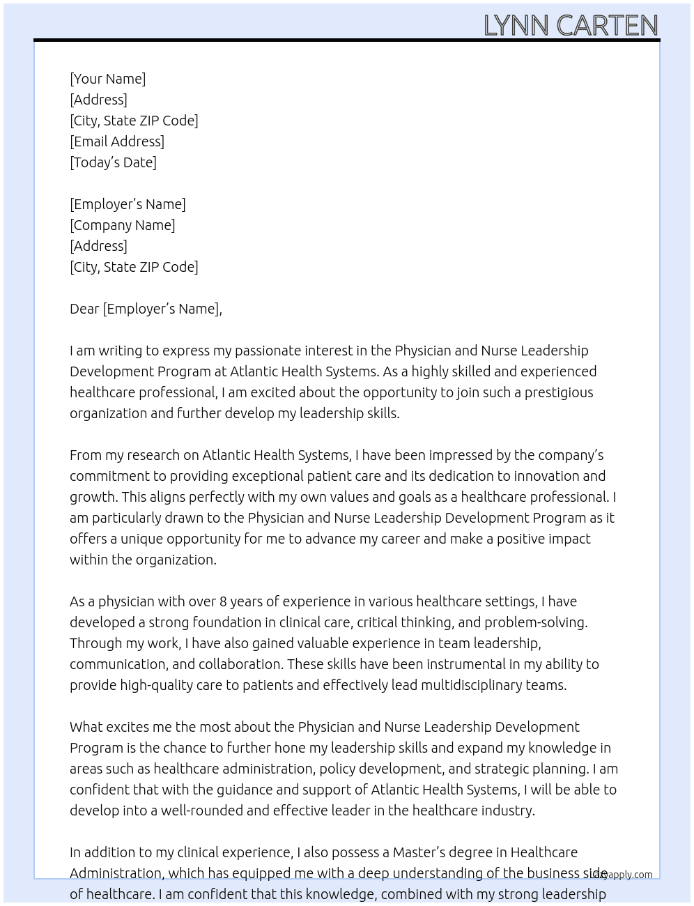 Physician and Nurse Leadership Development Program Applicant At Atlantic Health Systmes Cover Letter