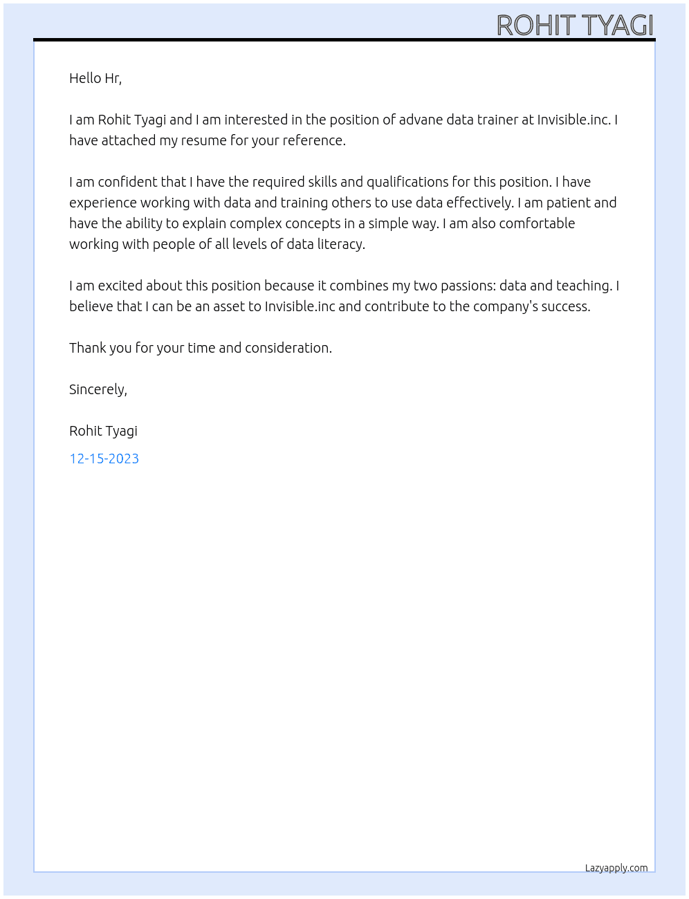 advane data trainer At Invisible.inc Cover Letter