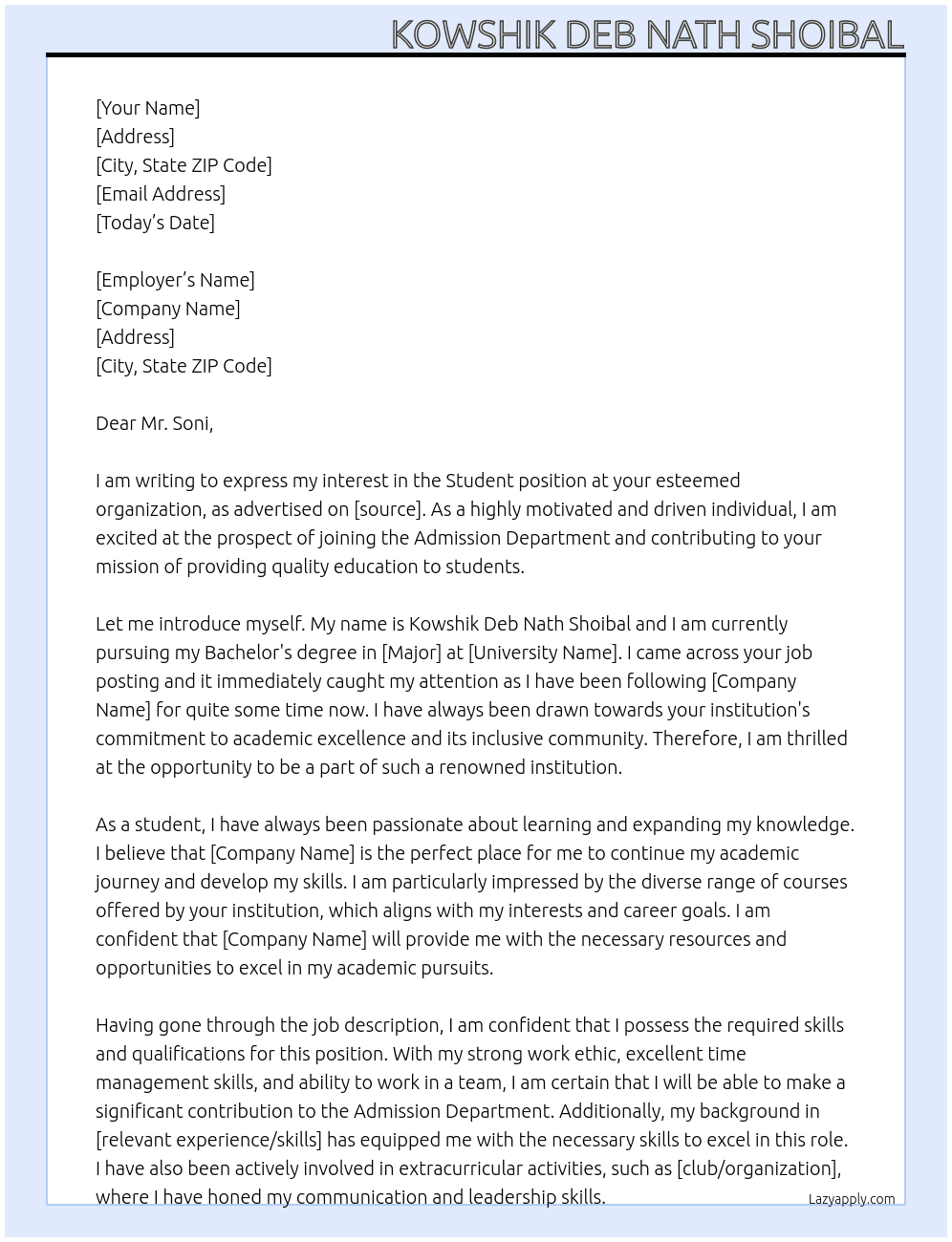 Student At Admission Department Cover Letter