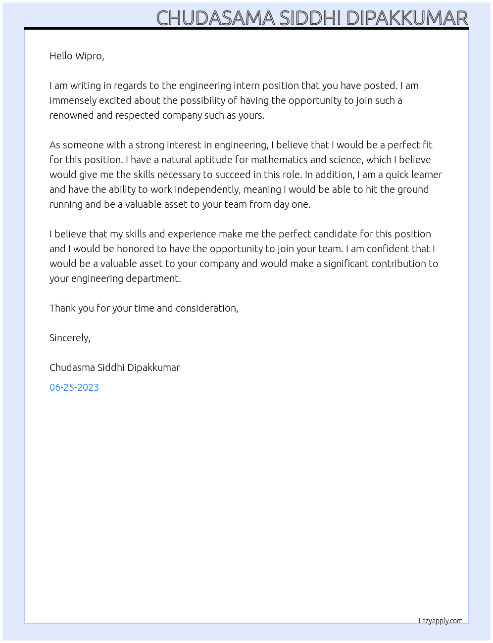Engineering Intern At Wipro Intern Cover Letter