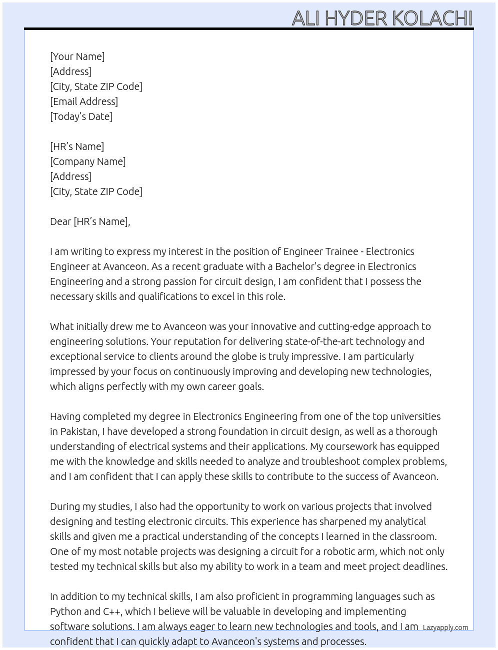 Engineer trainee Electronics Engineer  At Avanceon Cover Letter