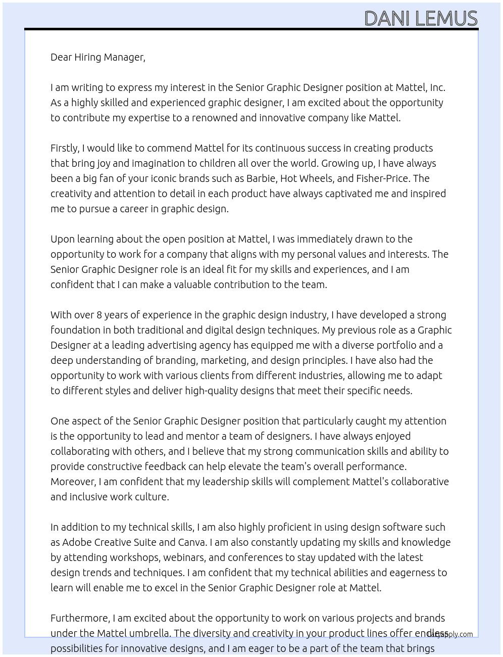 Senior Graphic Designer At Mattel, Inc Cover Letter