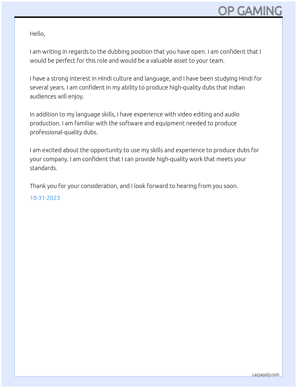 dubbing  At op gaming Cover Letter