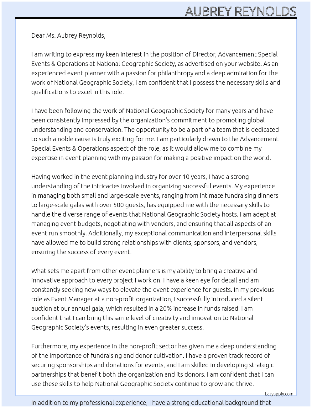 Director, Advancement Special Events & Operations At National Geographic Society Cover Letter