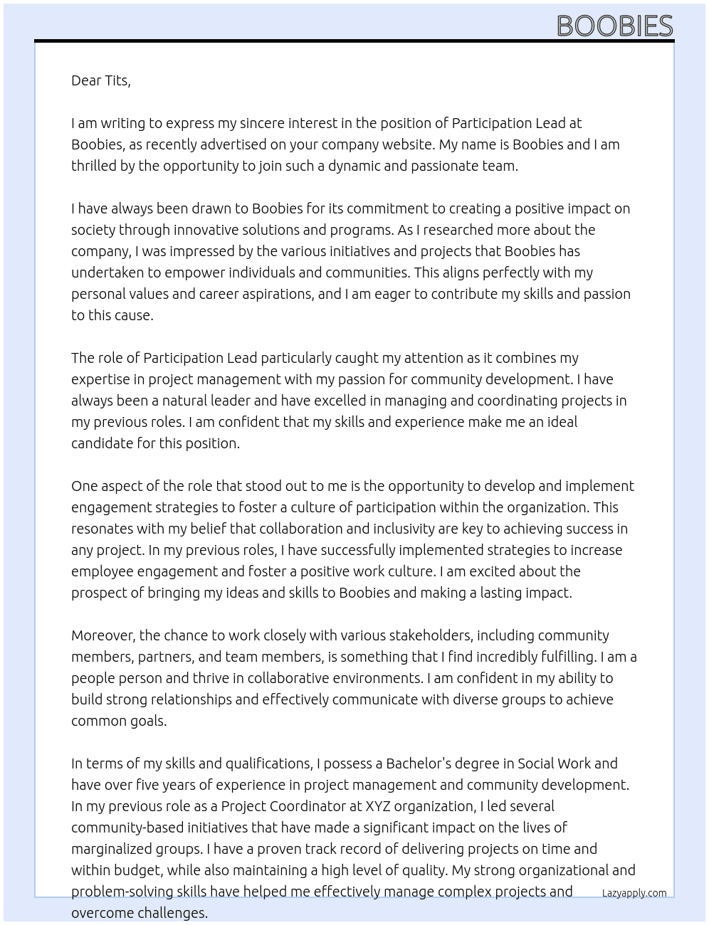 participation lead At boobies Cover Letter