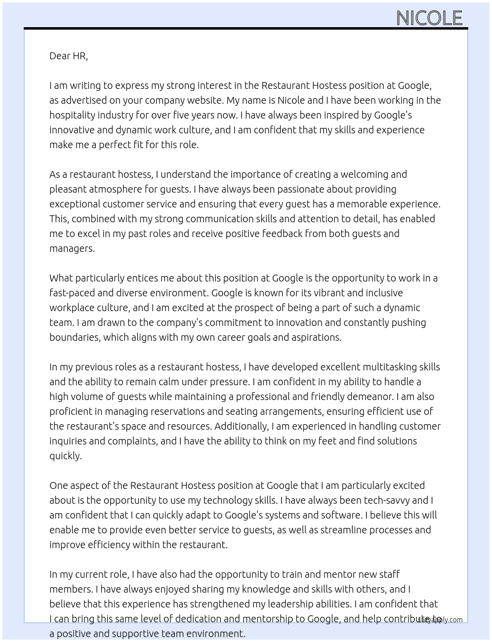 Restaurant Hostess At Google Cover Letter