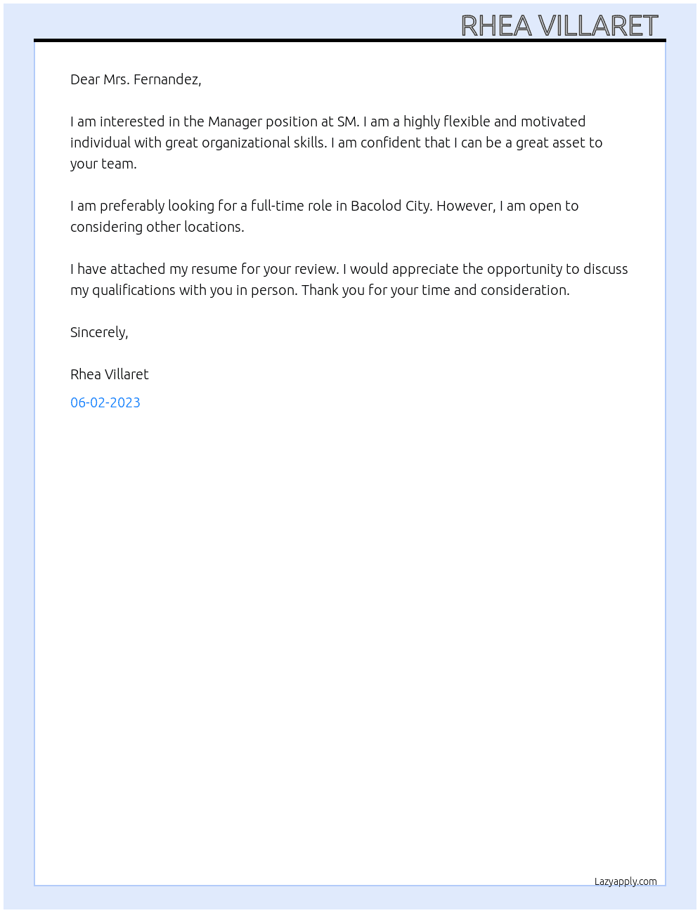 Manager  At SM  Cover Letter