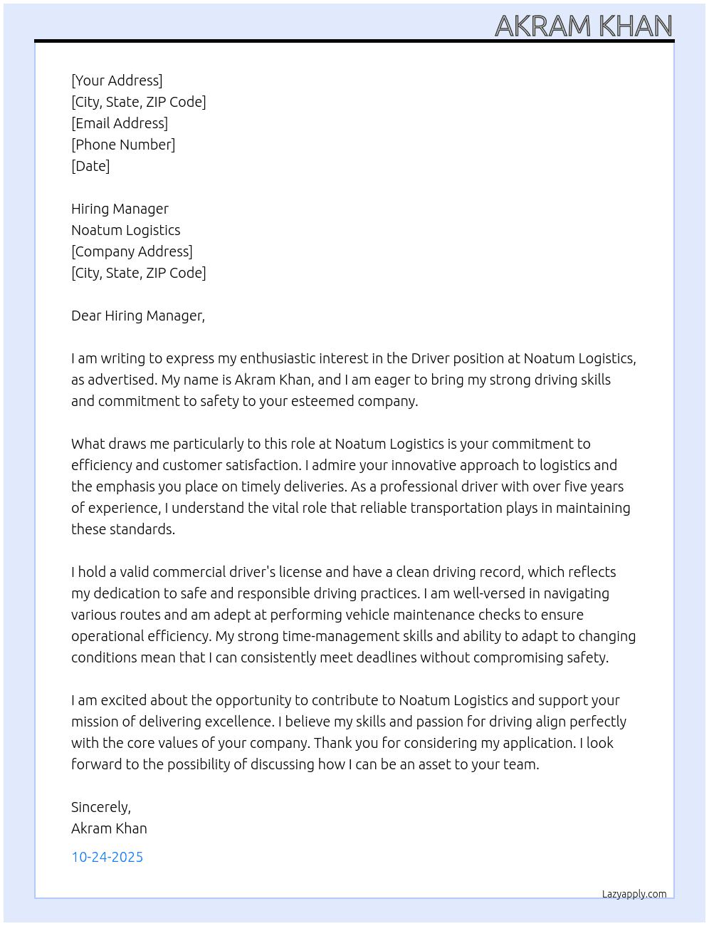 Driver At Noatum Logistics Cover Letter